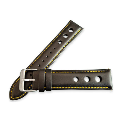Black And Yellow Leather Rally Hole Watch Strap