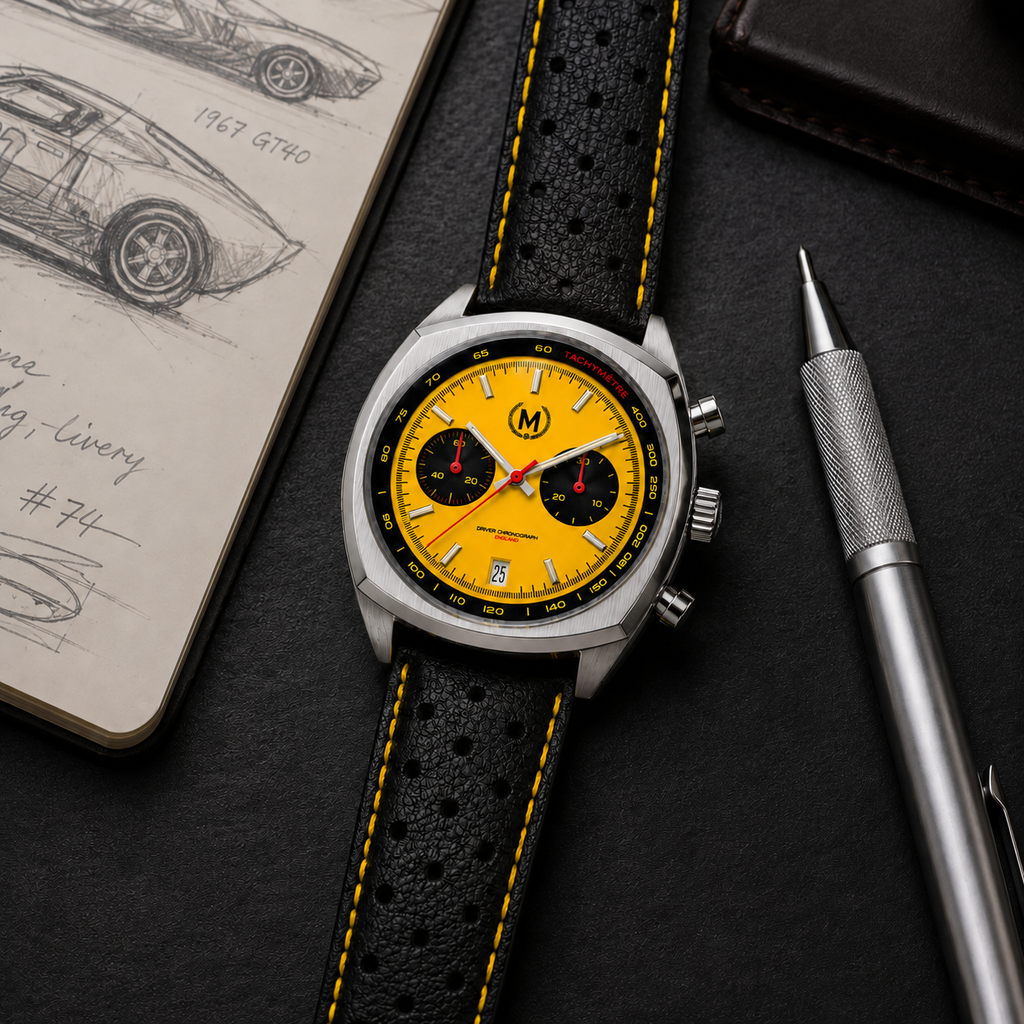 Driver Chronograph MKII Quartz, Yellow Reverse Panda (COMING EARLY 2027)