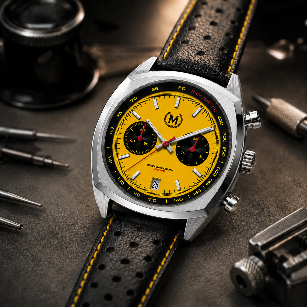 Driver Chronograph MKII Quartz, Yellow Reverse Panda (COMING EARLY 2027)