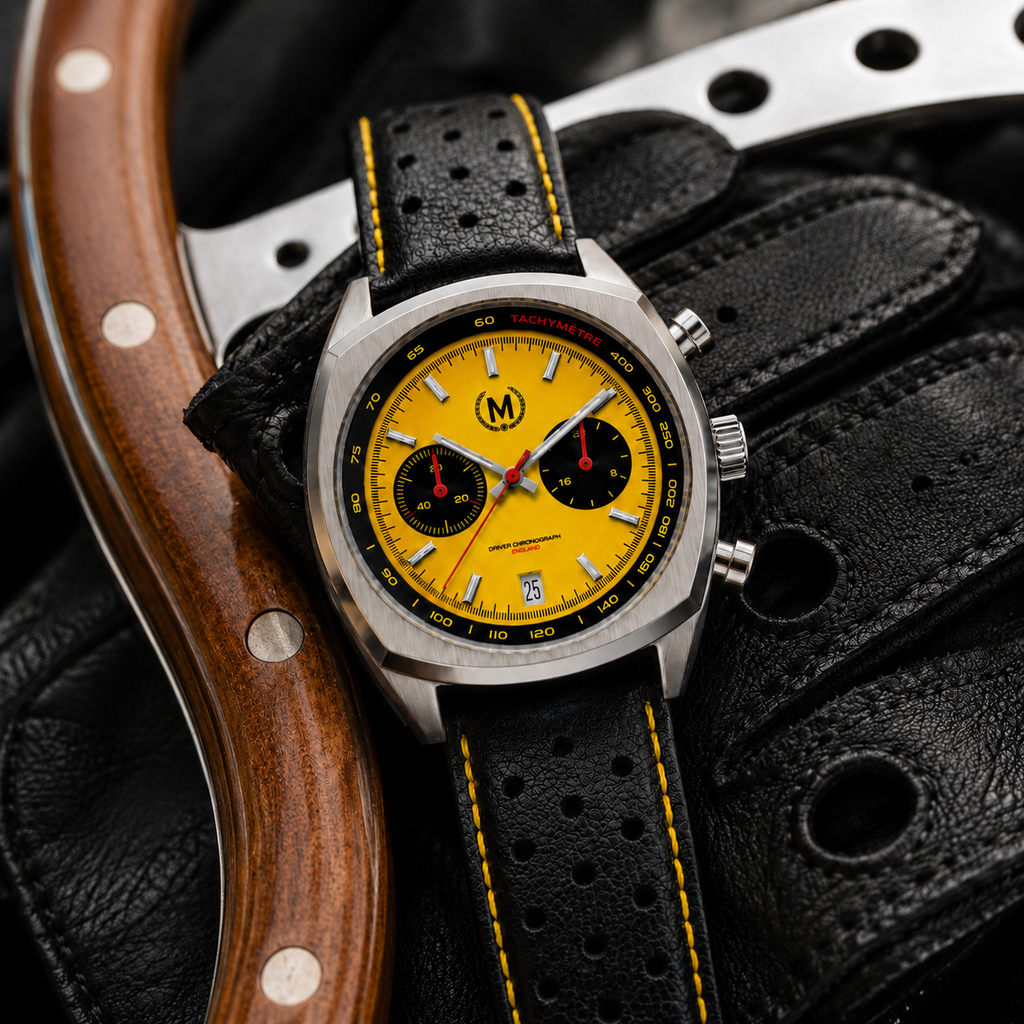 Driver Chronograph MKII Quartz, Yellow Reverse Panda (COMING EARLY 2027)