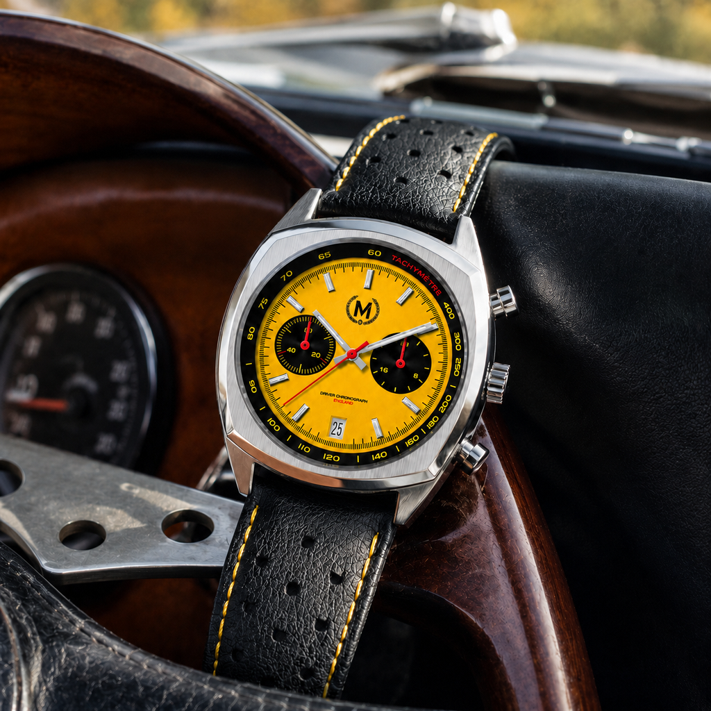 Driver Chronograph MKII Quartz, Yellow Reverse Panda (COMING EARLY 2027)