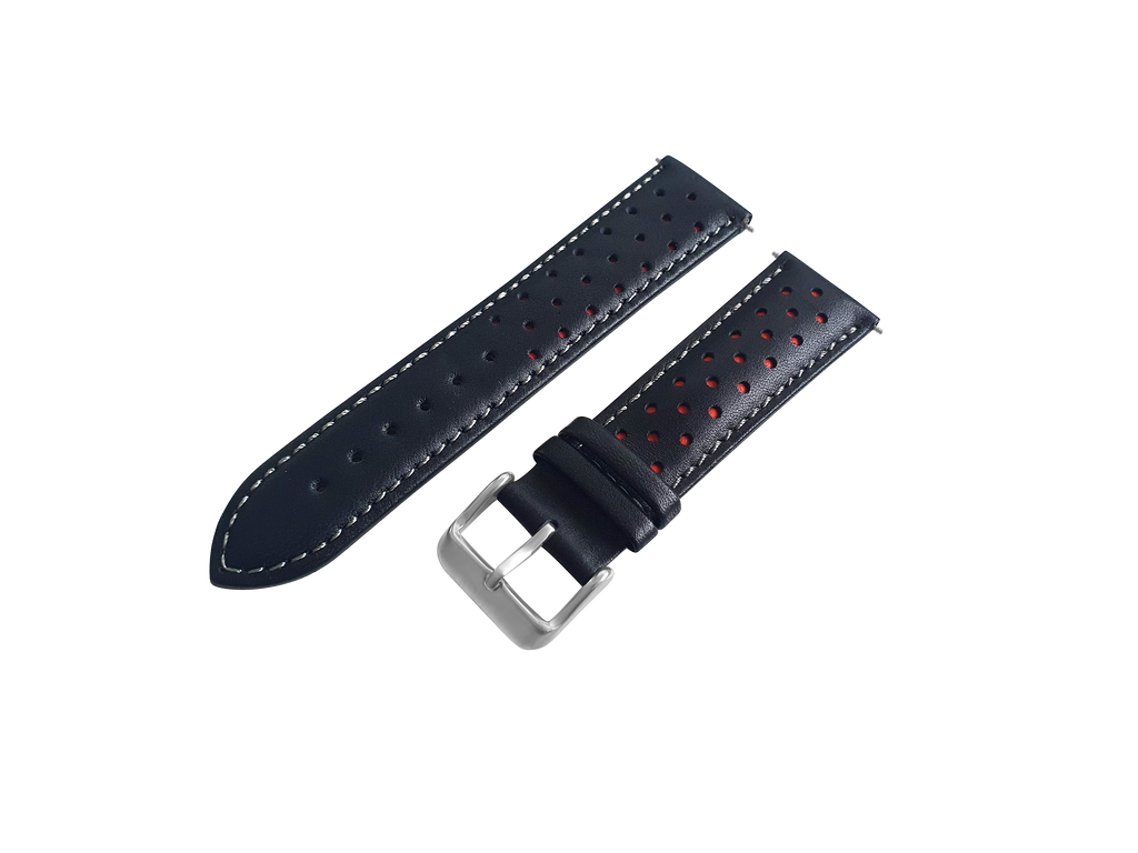 BLACK AND RED LEATHER RALLY WATCH STRAP, SILVER BUCKLE