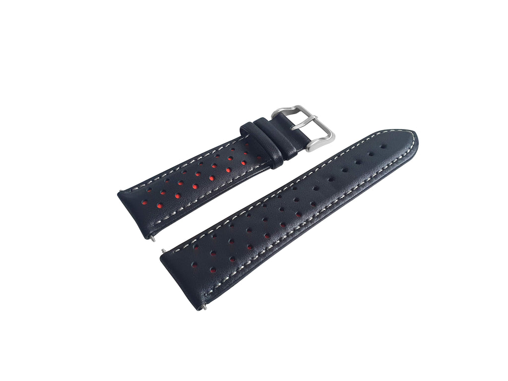 BLACK AND RED LEATHER RALLY WATCH STRAP, SILVER BUCKLE