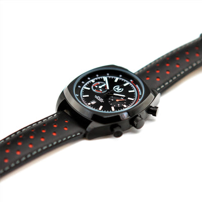 BLACK AND RED LEATHER RALLY WATCH STRAP, BLACK BUCKLE - Marchand Watch Company