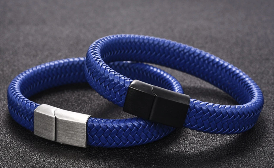 BLUE BRAIDED LEATHER BRACELET, SILVER CLASP (20.5CM) - Marchand Watch Company